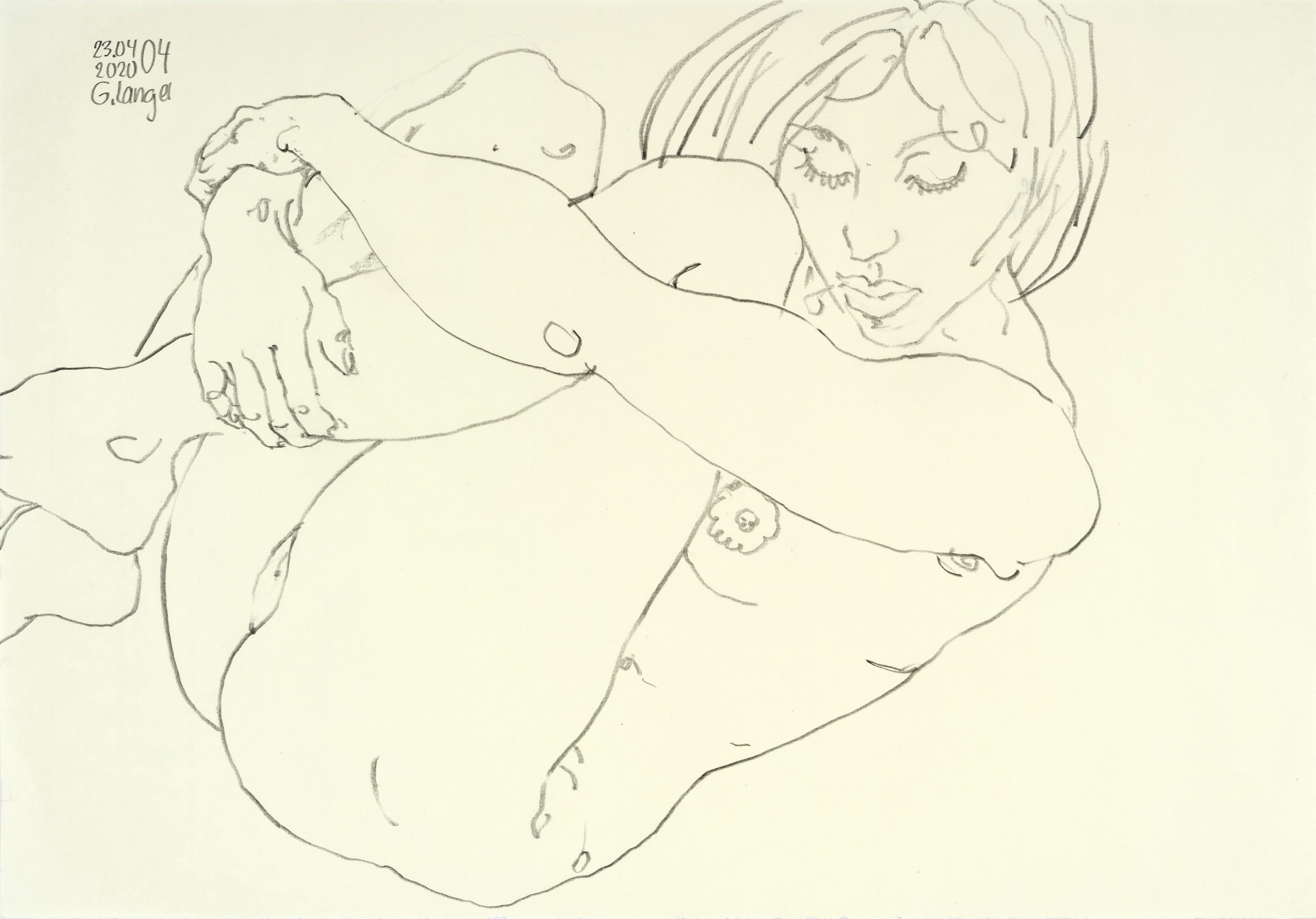 Gunter Langer, Liegendes nacktes Mädchen mit hochgestreckten Beinen, Tiefer Traum, 2020, andere, Kraft Papier, 50 x 35 cm